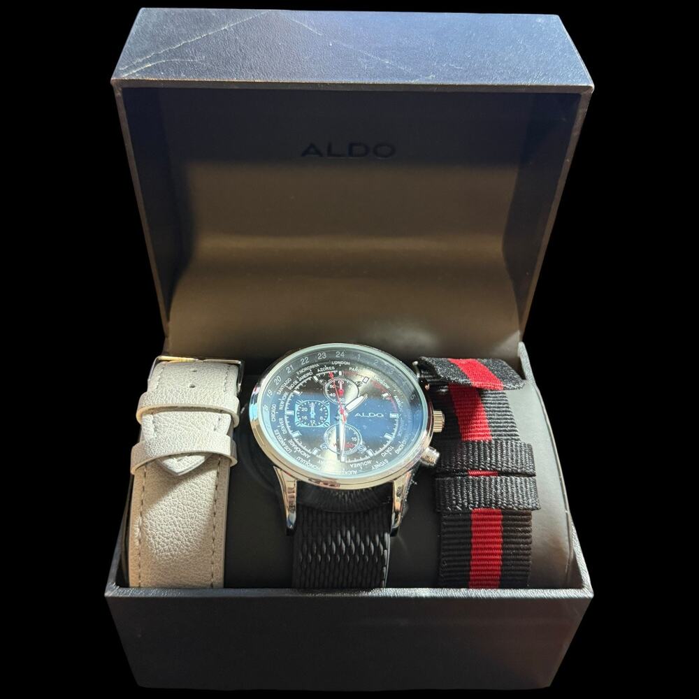ALDO World Time Chronograph Men's Watch with 3 Interchangeable Straps, Boxed